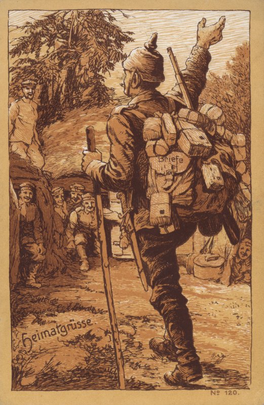 German Soldier Carrying Mail Receiving a Warm Welcome on His Return to His Unit by German School