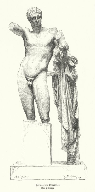 Hermes and the Infant Dionysus, statue by the Ancient Greek sculptor Praxiteles discovered in the ruins of the Temple of Hera, Olympia by German School