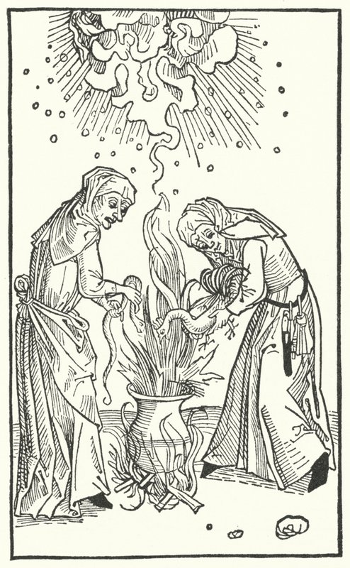 Illustration from a treatise by Ulrich Molitor about diviner women and witchcraft by German School
