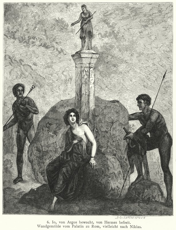 Io, guarded by Argus Panoptes by order of the goddess Hera, being watched by Hermes, sent by Zeus to abduct her, Roman wall painting by German School