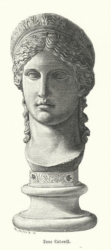 Juno Ludovisi, ancient Roman colossal marble head depicting Antonina Minor, daughter of Mark Antony and Octavia Minor, as the goddess Juno by German School