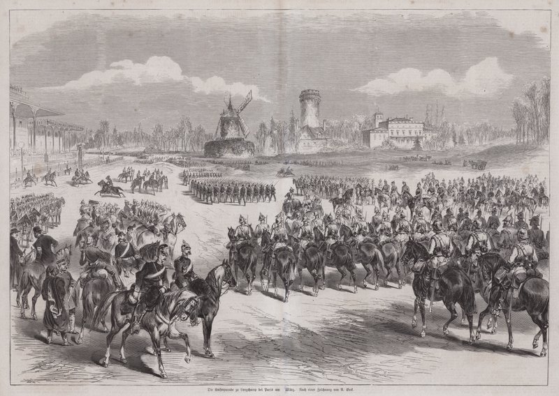 Kaiser Wilhelm I of Germany watching his army parade at Longchamp, Paris, France, March 1871 by German School