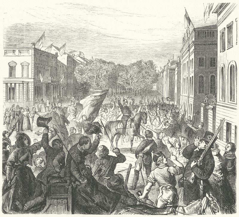 King Frederick William IV of Prussia riding past Berlin University on his way to attend a mass funeral of civilians killed in riots, 21 March 1848 by German School