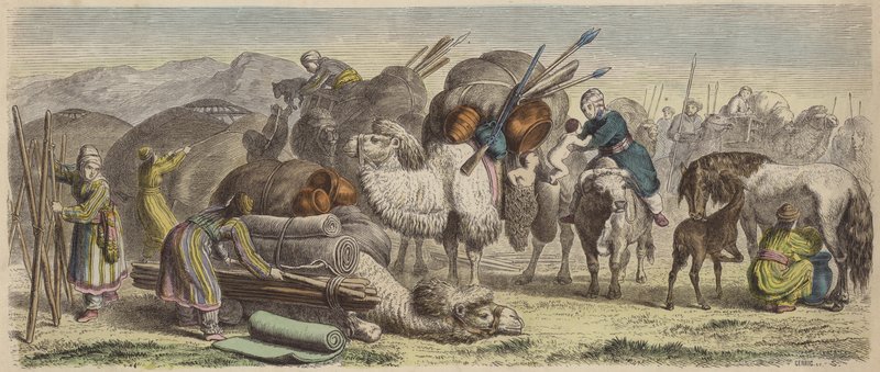 Kirghiz Nomads Setting Up Their Camp in Southern Siberia by German School