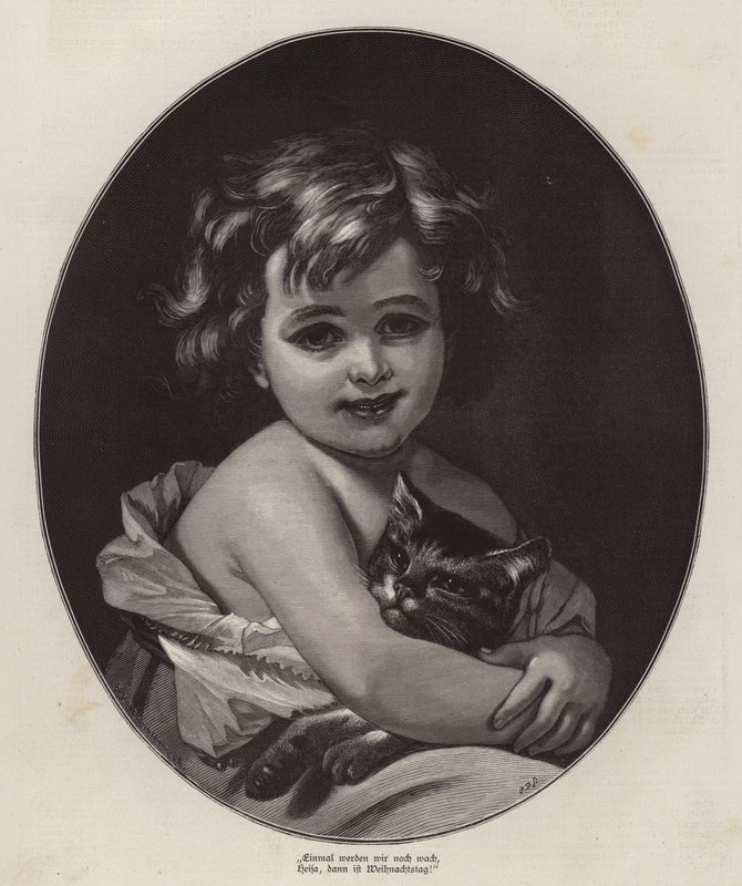 Little Girl Looking Forward to Christmas with Her Pet Cat by German School