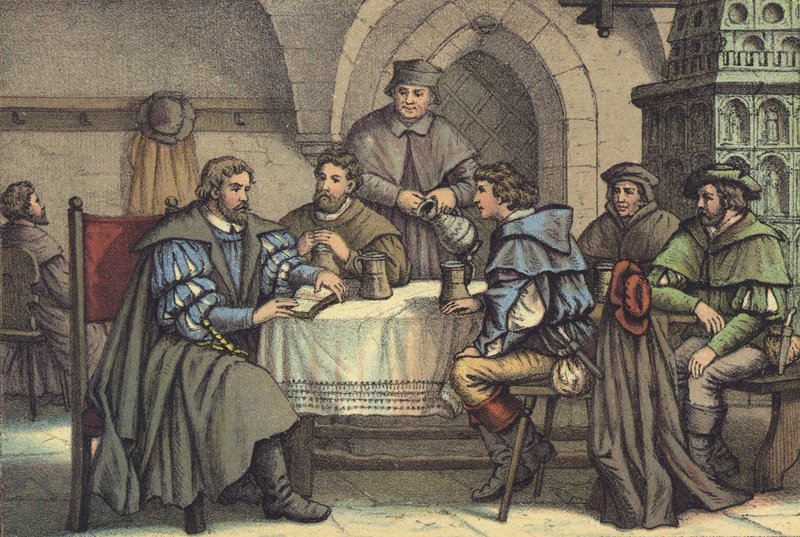 Martin Luther in conversation with students in the Gasthof der Baren, Jena by German School