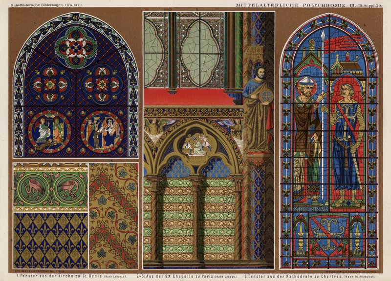 Medieval French stained glass windows: Church of St Denis, Paris; Sainte Chapelle, Paris; Chartres Cathedral by German School