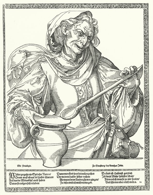 Old woman with a jug and spoon by German School