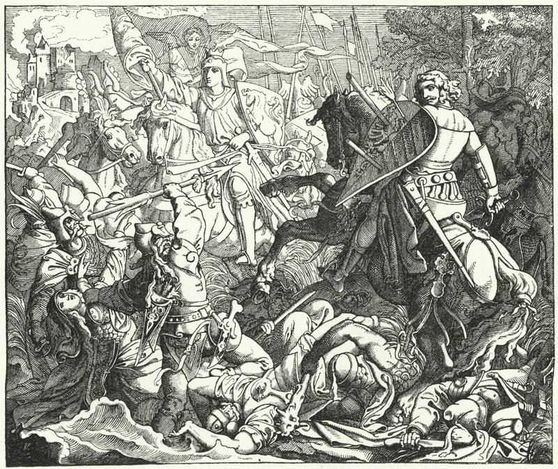Otto I of Germany defeating the Magyars at the Battle of Lechfeld, 955 by German School