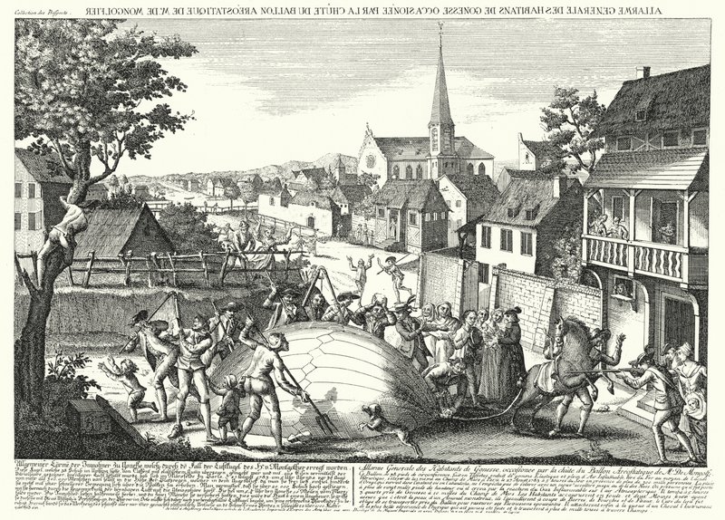 Peasants attacking the balloon of Jacques Charles and the Robert Brothers after it came down at Gonesse, 27 August 1783 by German School