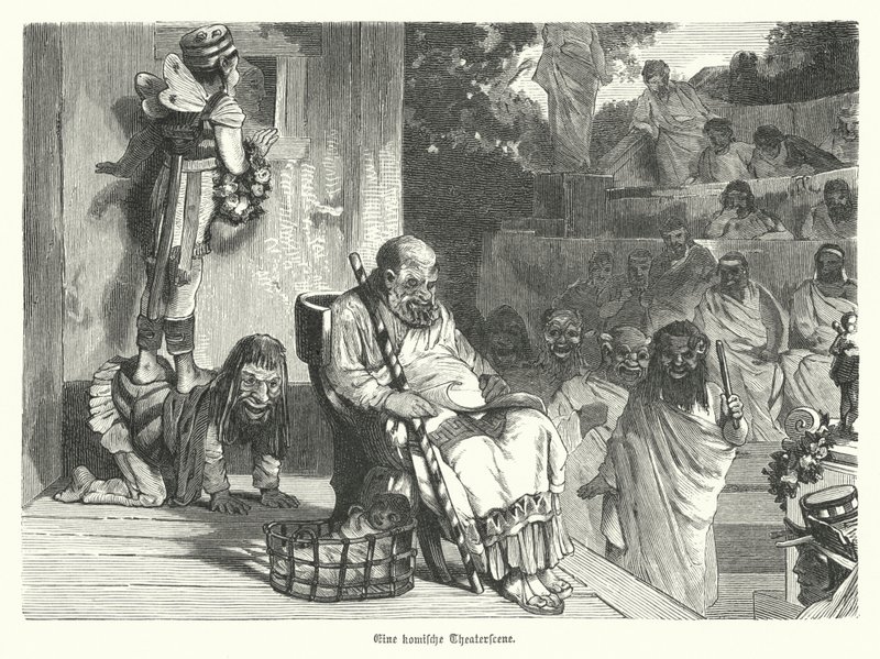 Performance of a comedy at a theatre in Ancient Greece by German School