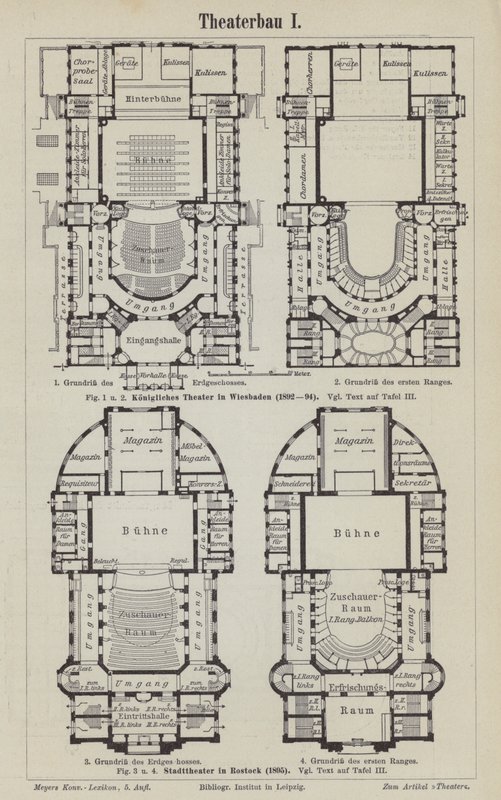 Plans of the Royal Theatre, Wiesbaden and the Municipal Theatre, Rostock, Germany by German School