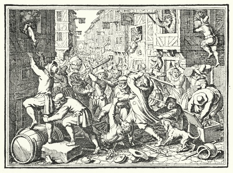 Plundering of the Judengasse, the Jewish Ghetto of Frankfurt, in the Fettmilch Rising by German School