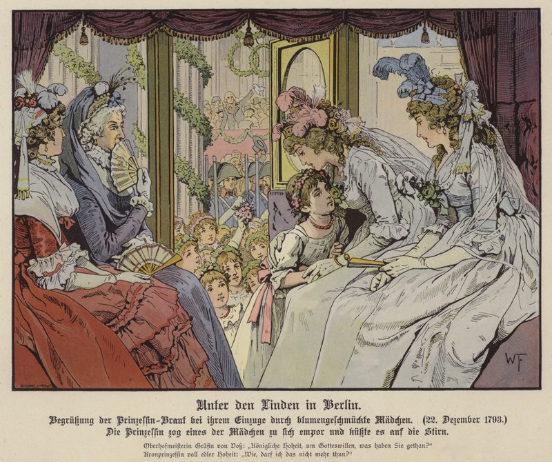 Princess Louise of Mecklenburg-Strelitz Kissing One of the Girls Lining Unter Den Linden to Greet Her Arrival in Berlin for Her Marriage to Crown Prince Frederick III of Prussia, 22 December 1793 by German School