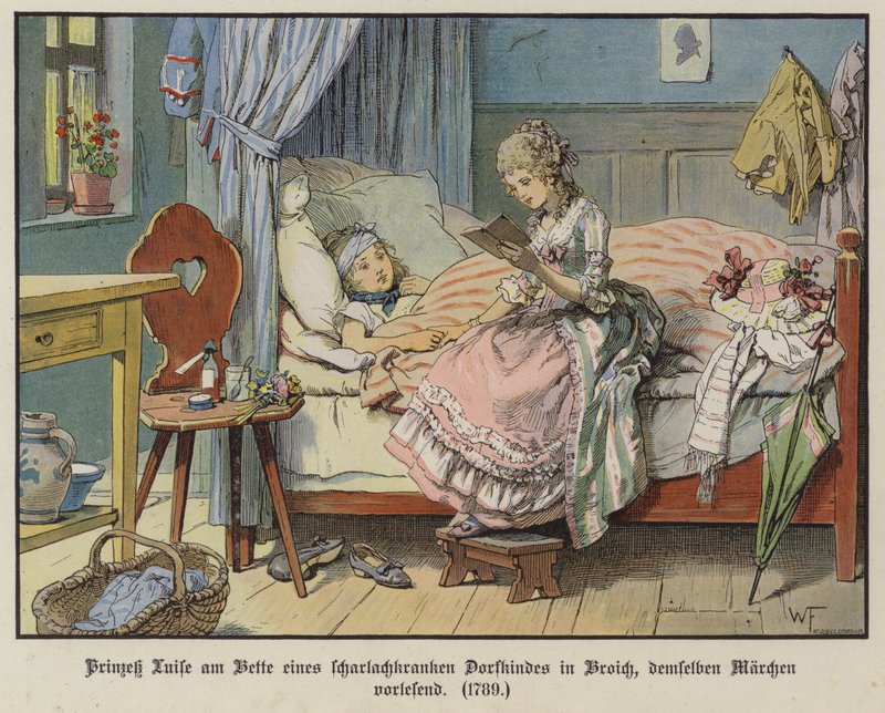 Princess Louise of Mecklenburg-Strelitz reading at the bedside of a sick village girl in Broich by German School