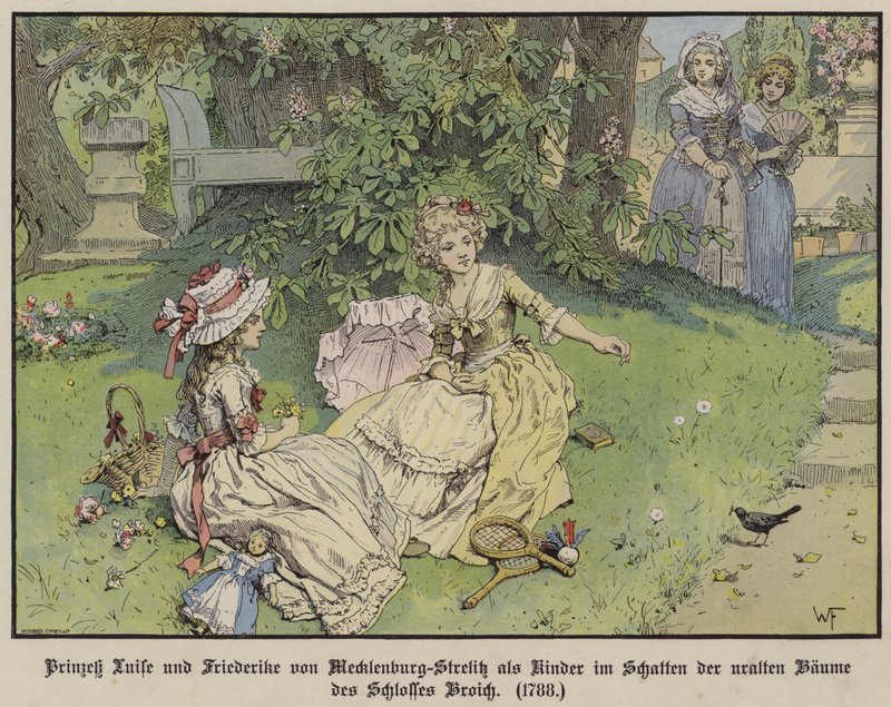 Princesses Louise and Frederike of Mecklenburg-Strelitz in the shade under the trees of Castle Broich as children by German School