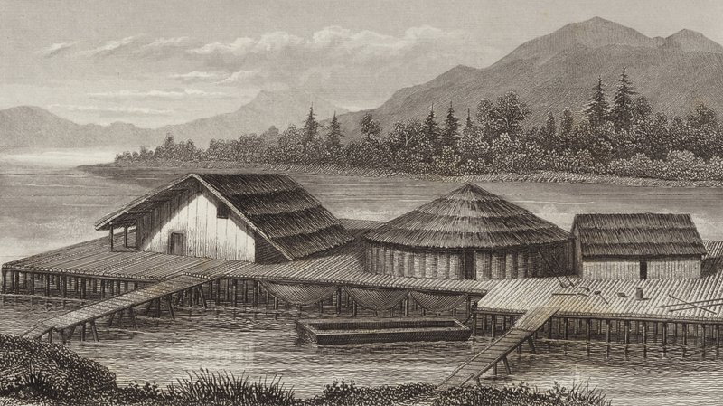 Reconstruction of an ancient lake village (Illustration for Bilder-Atlas) by German School