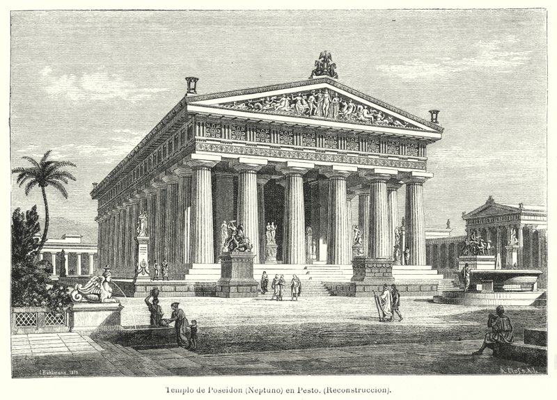 Reconstruction of the Ancient Greek Temple of Poseidon, Paestum, Italy by German School