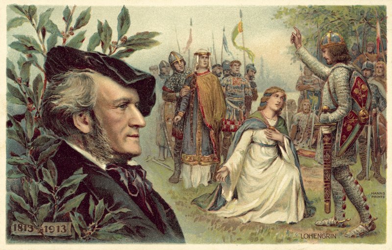Richard Wagner and a scene from his opera Lohengrin by German School