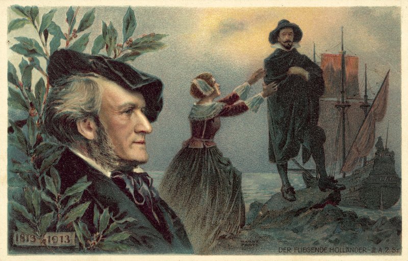 Richard Wagner and a scene from his opera The Flying Dutchman by German School