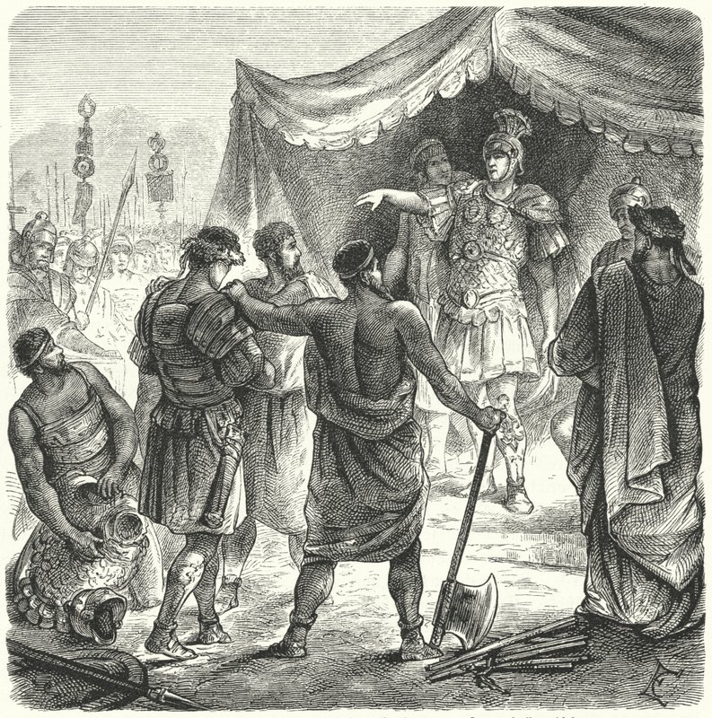 Roman consul Titus Manlius Torquatus condemning his son to death for leaving his post in battle by German School