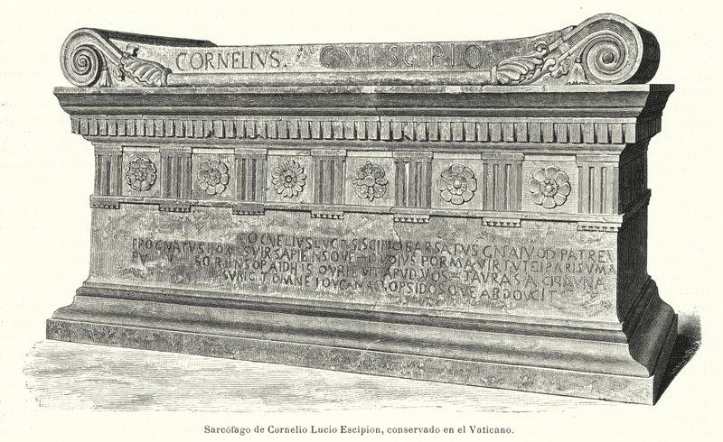 Sarcophagus of Roman soldier and consul Lucius Cornelius Scipio Barbatus in the Vatican, Rome by German School