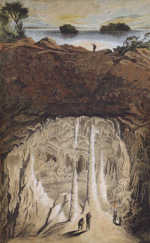 Stalactites and stalagmites in a cave by German School