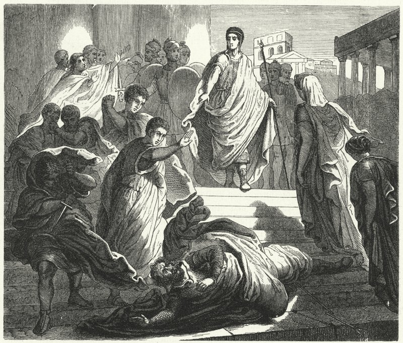 Tarquinius Superbus assassinating his father-in-law, Servius Tullus, to claim the Roman throne (engraving) by German School