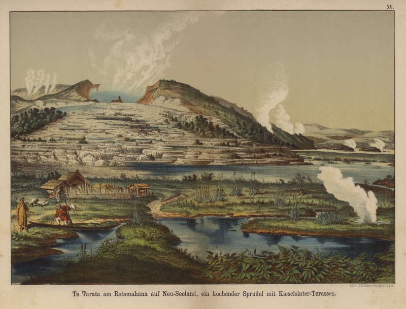 Te Tarata (White Terrace), geothermal silica sinter deposits on the shore of Lake Rotomahana, New Zealand by German School