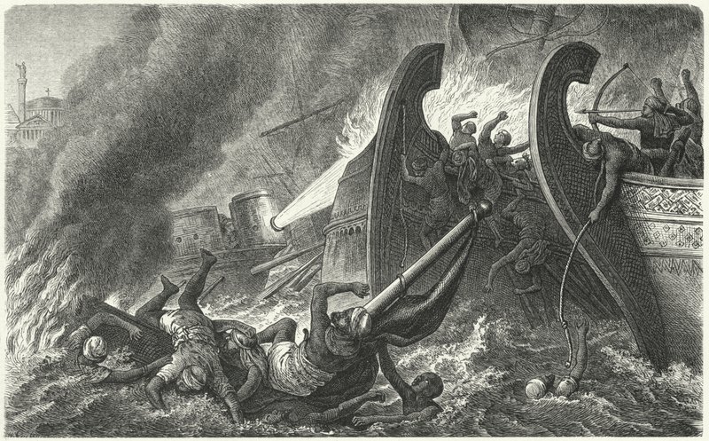 The Byzantines Using Greek Fire Against an Attacking Arab Fleet by German School