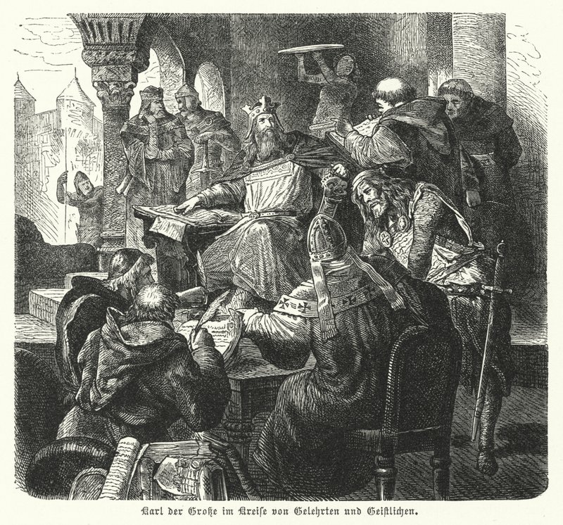 The Emperor Charlemagne surrounded by scholars and members of the clergy by German School
