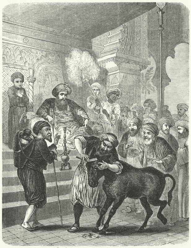 The peasant and his ass before the Caliph Harun al-Rashid by German School