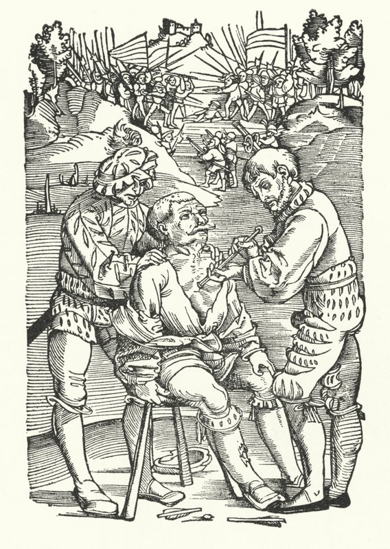 Treating a wounded soldier on the battlefield (engraving) by German School