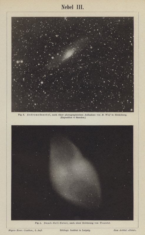 Views of the Andromeda Nebula and the Dumbbell Nebula by German School