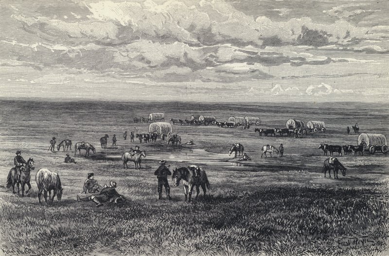 Wagon train on the prairies of South Dakota, USA by German School