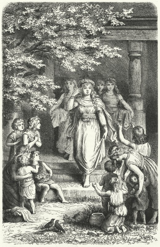 Young German women wearing wreaths to celebrate the festival of Eostre (Ostara) by German School
