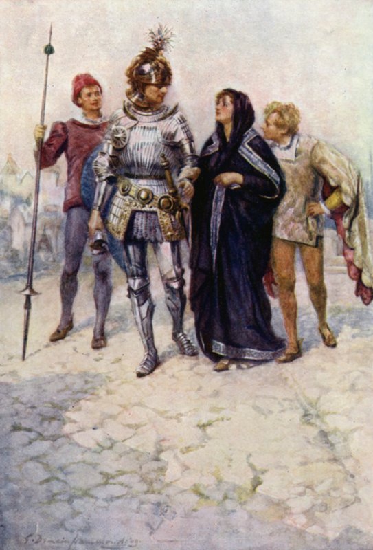 Prince Arthur leads Belge and her sons into the Castle by Gertrude E. Demain (after) Hammond