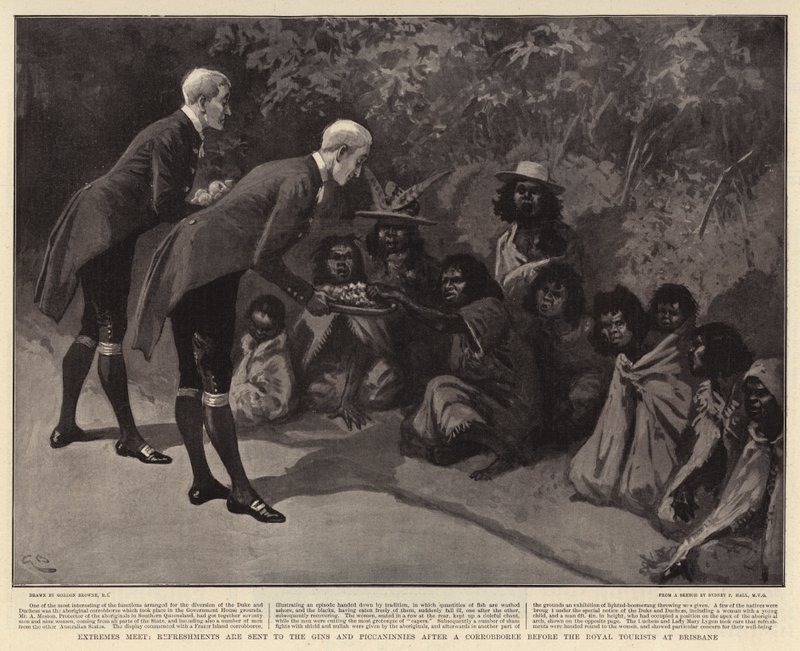 Extremes Meet, Refreshments Sent to the Gins and Piccaninnies After a Corrobboree Before the Royal Tourists at Brisbane by Gordon Frederick Browne
