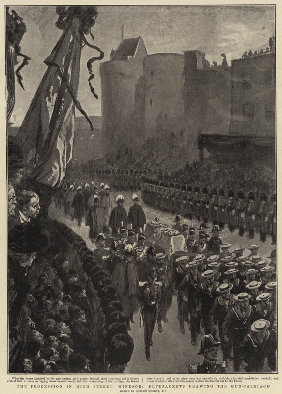 The Procession in High Street, Windsor, Bluejackets drawing the Gun-Carriage by Gordon Frederick Browne