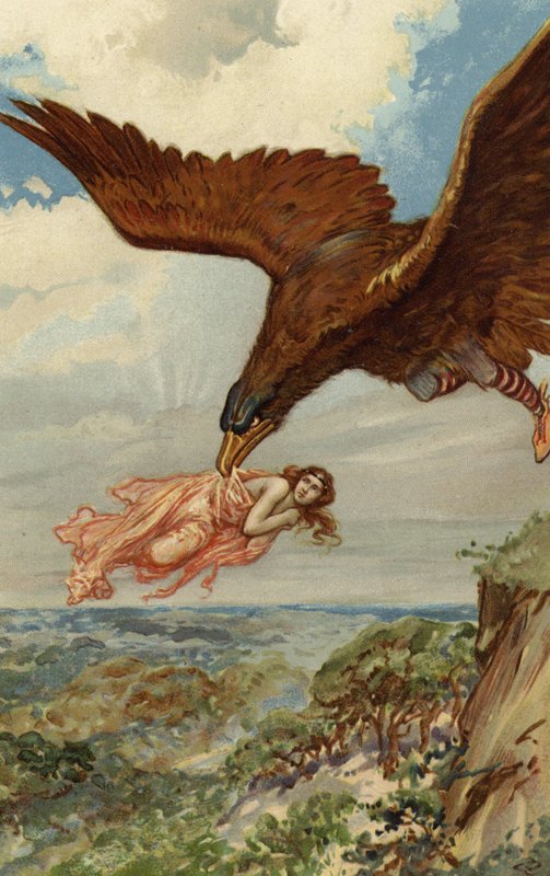 Thjassi, the giant, in his eagle plumage flew down and caught up Iduna by Gordon Frederick Browne