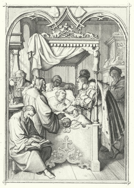 John, Elector of Saxony, visits Martin Luther in hospital by Gustav Ferdinand Leopold Konig