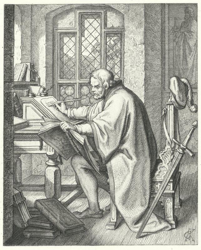 Martin Luther begins the translation of the Bible at Wartburg castle by Gustav Ferdinand Leopold Konig
