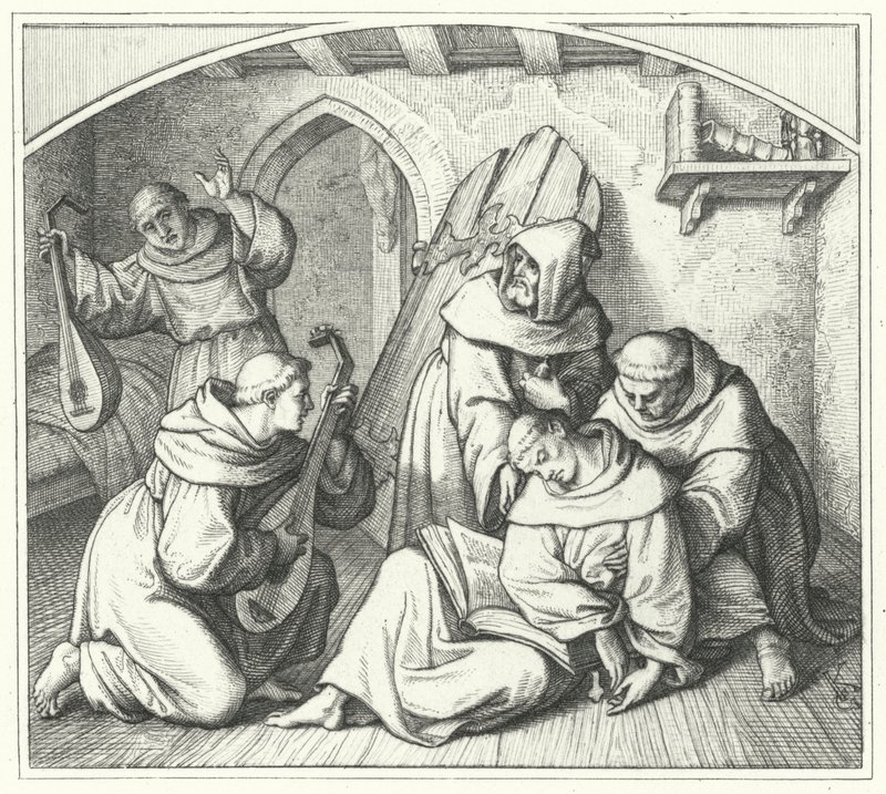 Martin Luther faints with a Bible in his hand and his friends bring him back to his senses by Gustav Ferdinand Leopold Konig