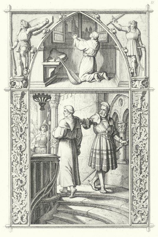 Martin Luther in prayer as he prepares for the Diet of Worms. Georg von Frundsberg gives encouragement to Martin Luther by Gustav Ferdinand Leopold Konig