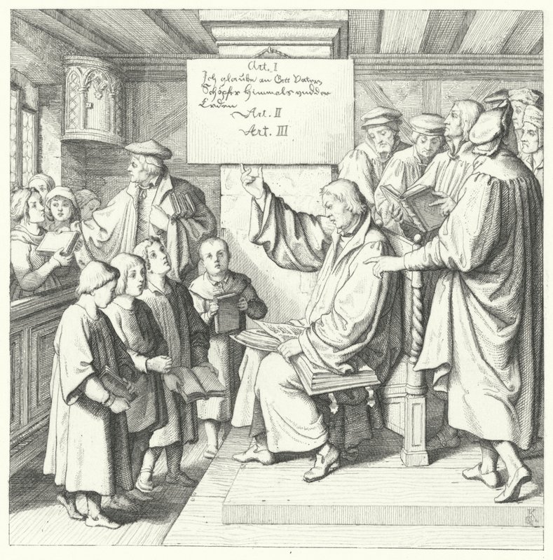 Martin Luther introduces the Catechism to schoolchildren by Gustav Ferdinand Leopold Konig