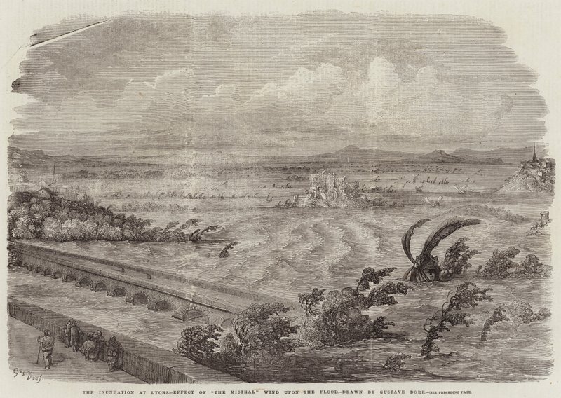 The Inundation at Lyons, Effect of The Mistral Wind upon the Flood by Gustave Dore