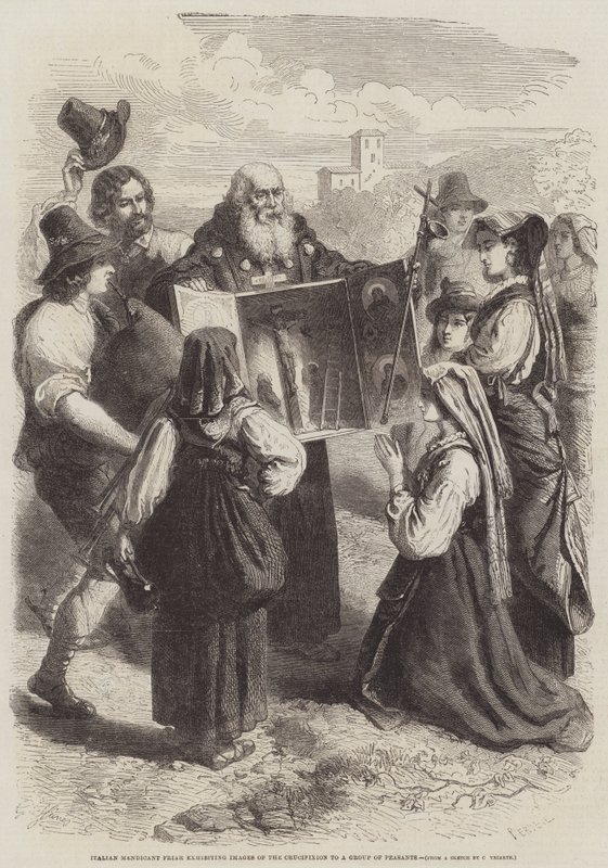 Italian Mendicant Friar exhibiting Images of the Crucifixion to a Group of Peasants by Gustave Janet