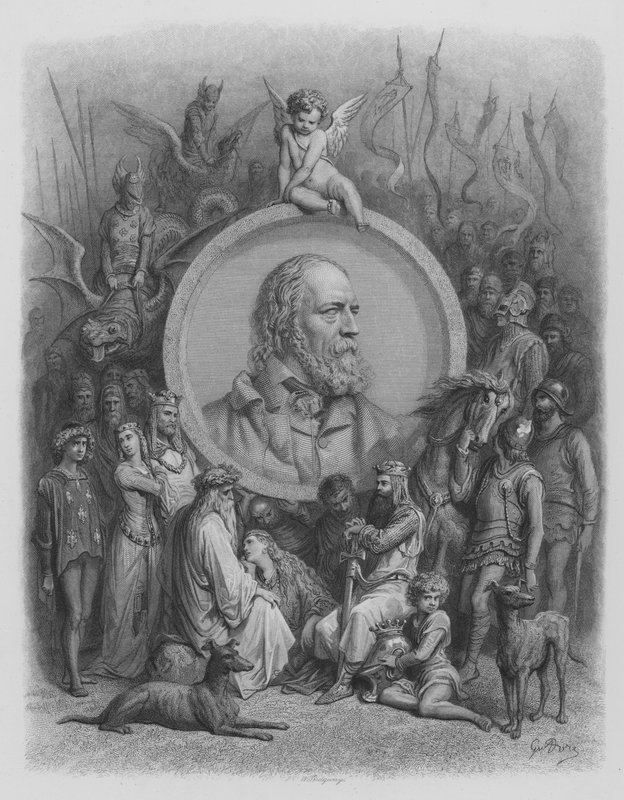 Frontispiece, Portrait of Tennyson and Characters from the Idylls by Gustave after Dore
