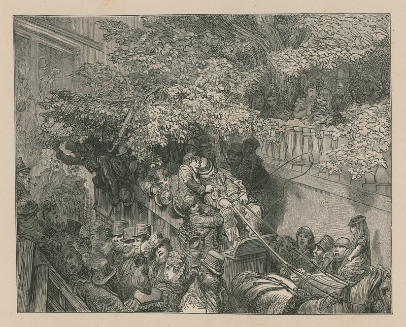 A crowded horse-drawn coach by Gustave Dore