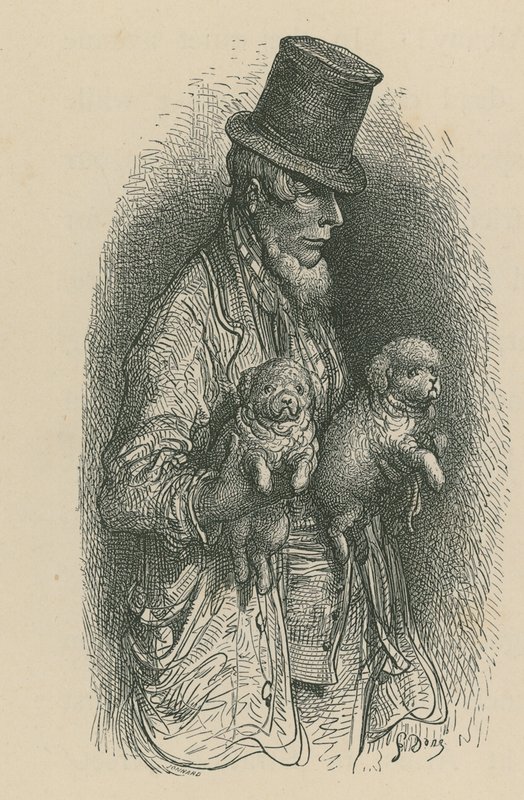 A Man Wearing a Top Hat While Holding Two Dogs in His Hands by Gustave Dore